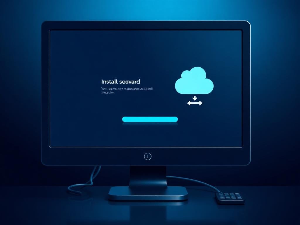 Computer screen showing a software installation setup wizard with a download icon