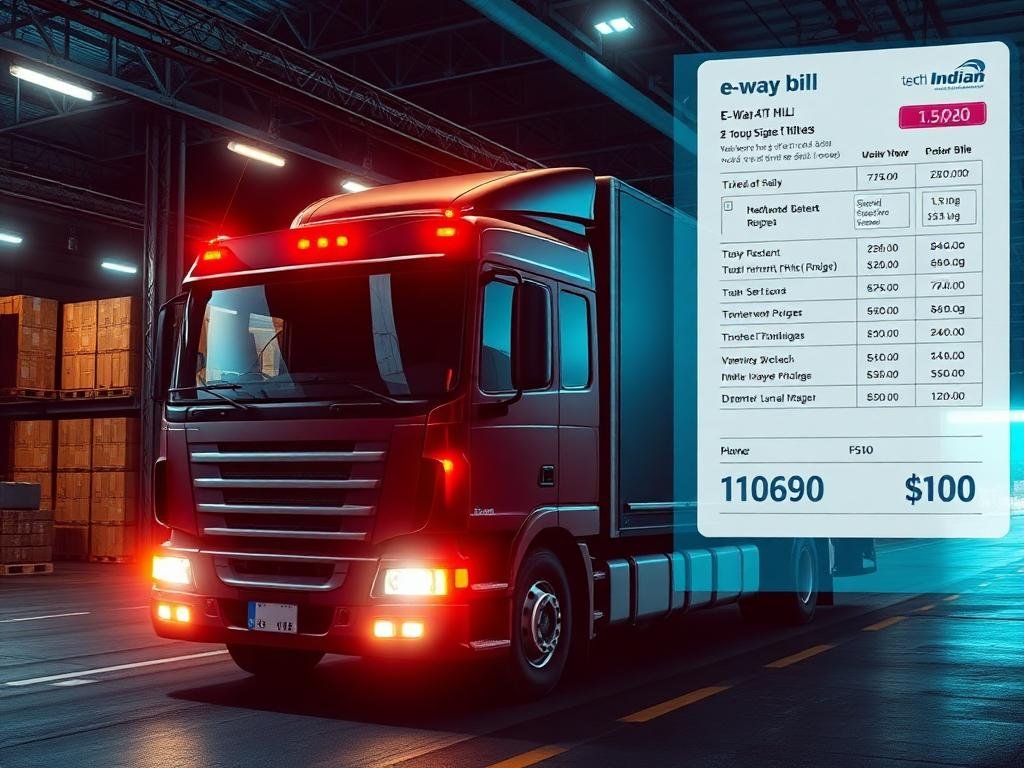 Truck at a warehouse dock with a GST e-way bill document and QR code