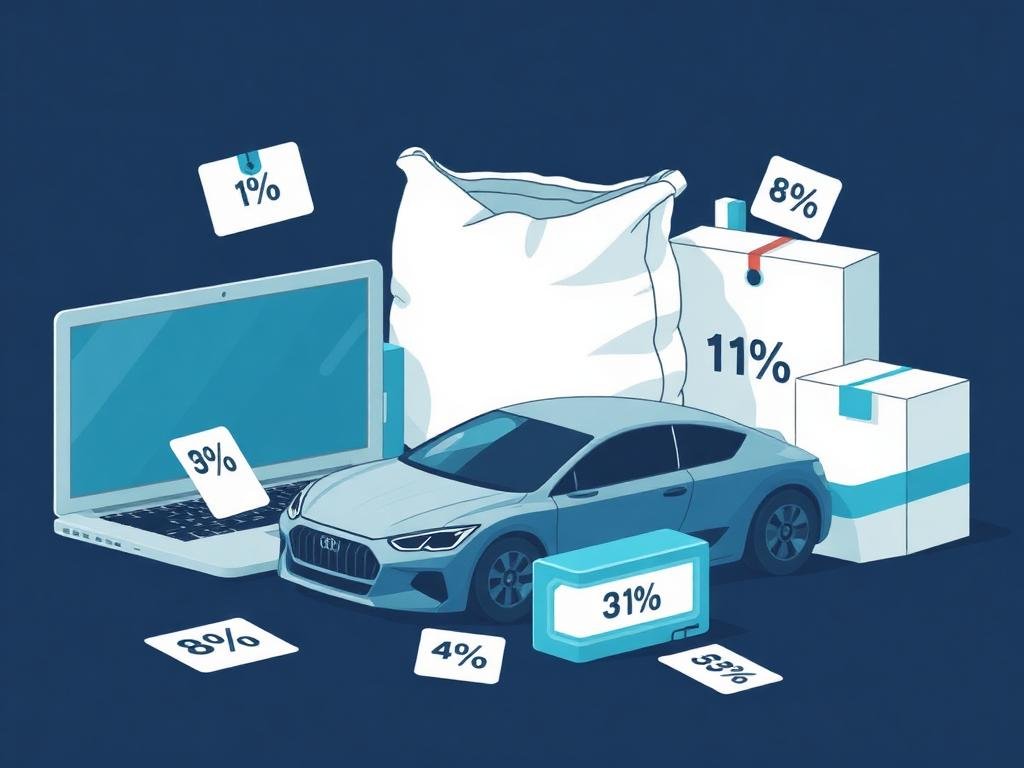 Laptop, cement bag, car and medicine box with GST percentage tax tags